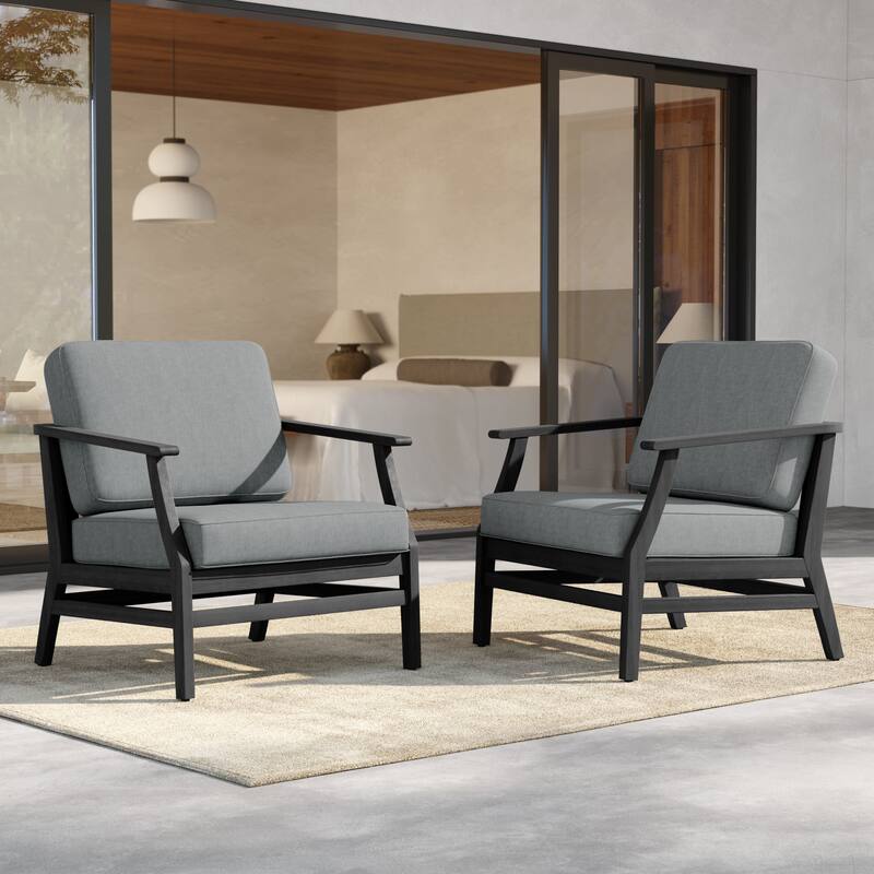 Outdoor Teak Wood Club Chairs with Cushions (Set of 2) - BlackFrame-Grey