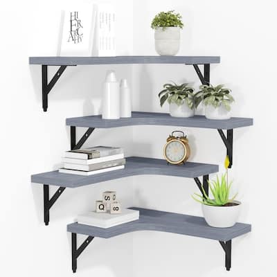 Corner Floating Shelves Wall Mounted Set of 4 Rustic Wood Storage - 16"D x 11.4"W x 0.6"H