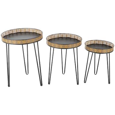 Metal Handmade Accent Table with Rattan Edges Tabletops - Set of 3 Black - Roche River Decor