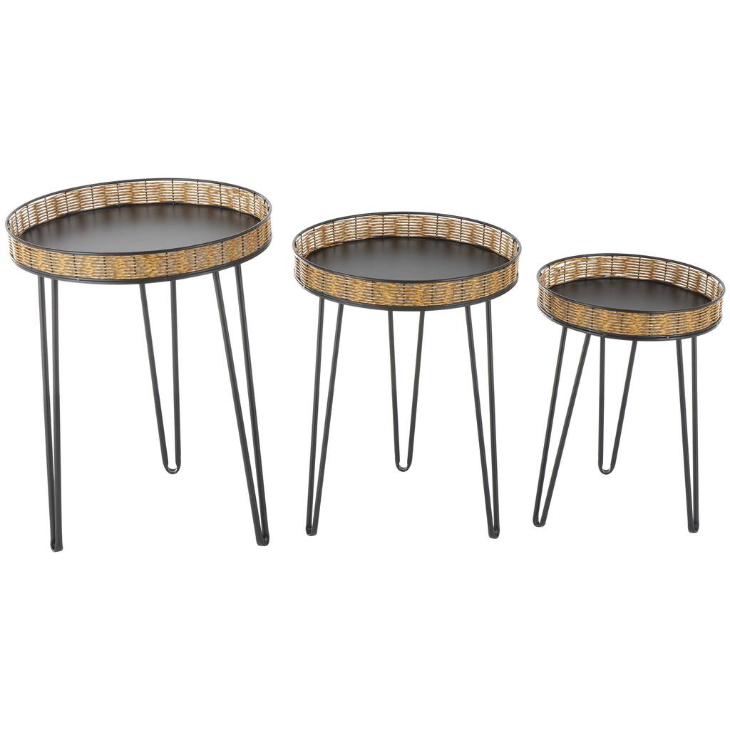 Metal Handmade Accent Table with Rattan Edges Tabletops - Set of 3 Black - Roche River Decor