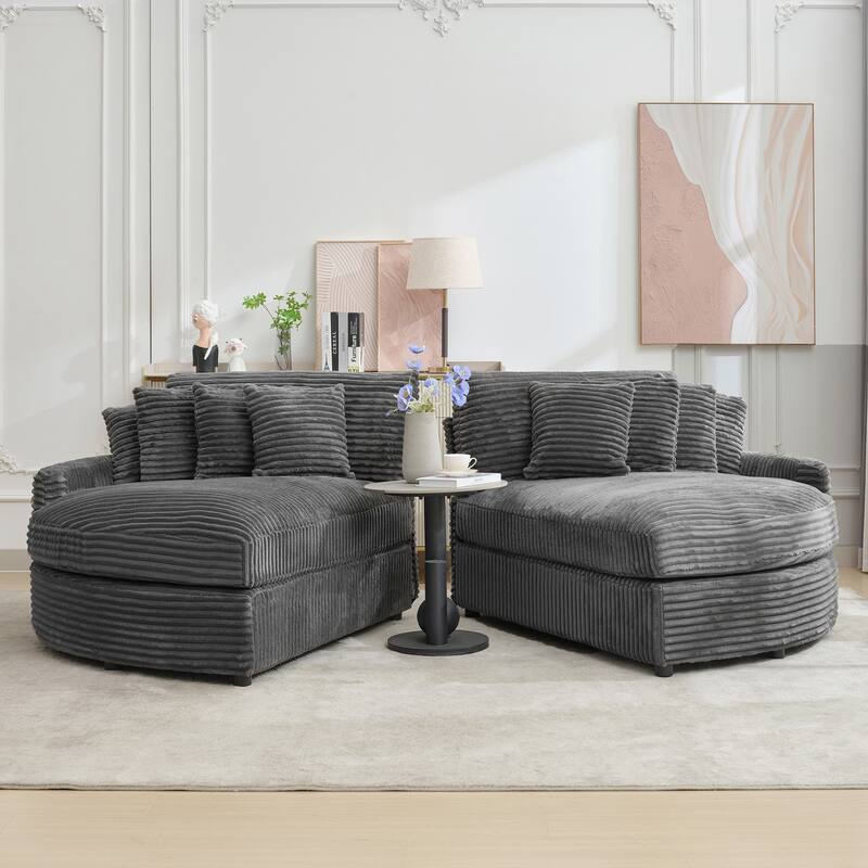 Oversized Fan-shaped Corduroy Couch, 2-piece Sectional Sofa with 4 & 8 Throw Pillows