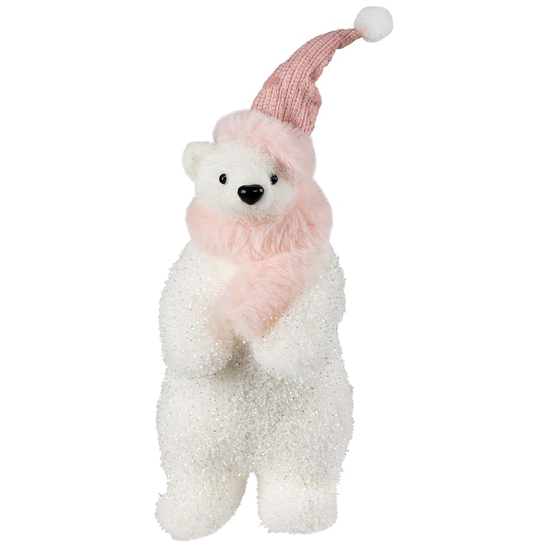 Glittery Polar Bear In Winter Hat Christmas Figurine - 10.5"