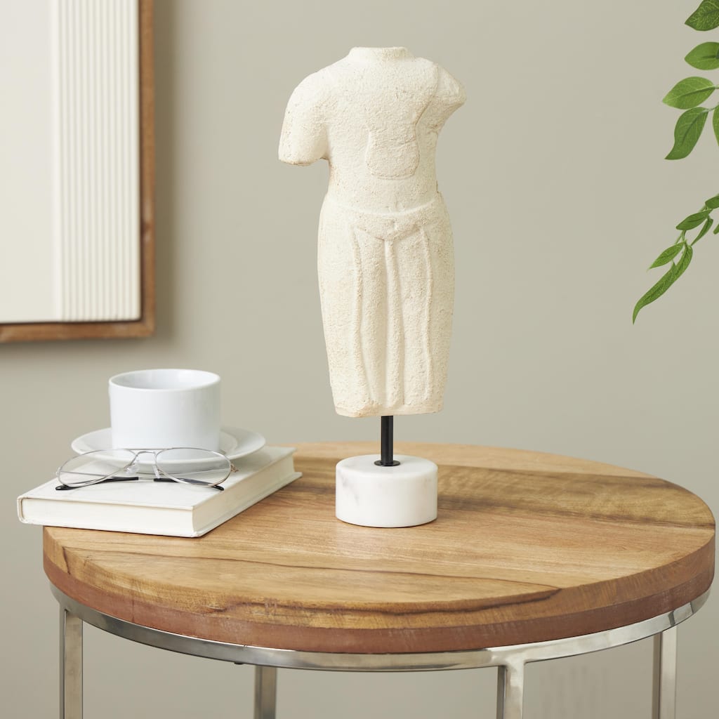 Cream Paper Mache Distressed or Antique Greek Inspired Statue People Decorative Sculpture with White Marble Base