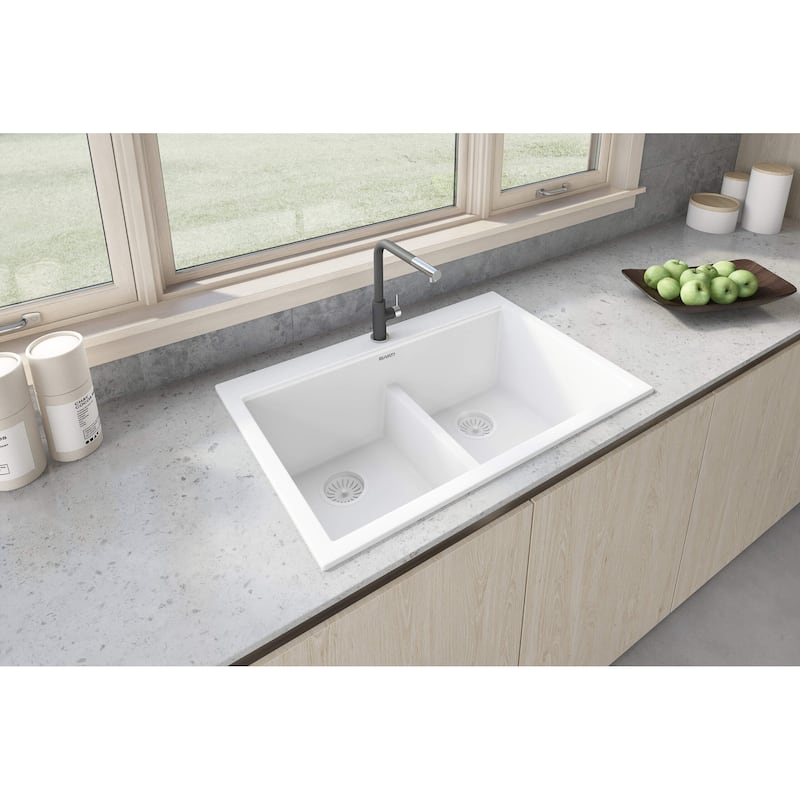 Ruvati 33-inch Drop-in Topmount Workstation 50/50 Double Bowl Granite Composite Quartz Kitchen Sink - Arctic White - RVG1343WH