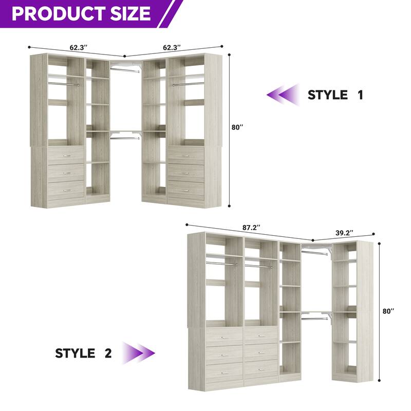 Corner Closet System with 6 Drawers & 4 Hanging Rods,Set of 3,Reversible Walk-in Closet Organizer System with Adjustable Shelves