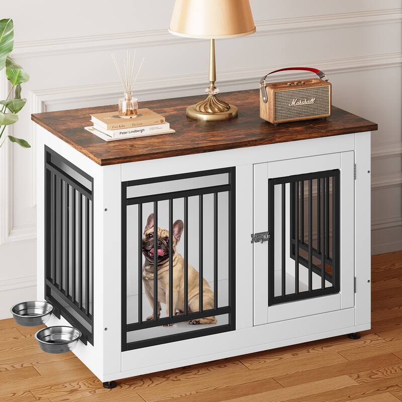 Moasis Dog Crate Furniture, End Table with Feeding Bowls - Medium