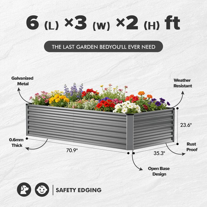 Meyreso 6ft x 3ft x 2ft Galvanized Metal Raised Garden Bed, Durable Outdoor Planter, Rust Resistant, Safety Edging