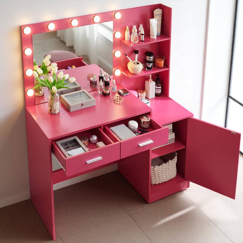 Makeup Vanity with Mirror and Lights, 46.4" Dressing Table with Storage Drawers, Shelves & 3 Light Modes