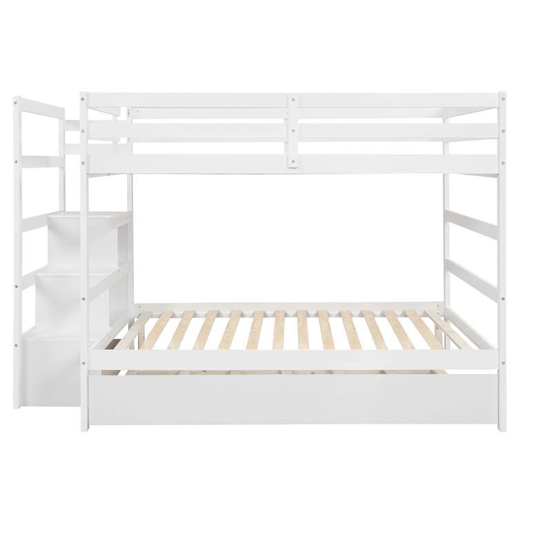 FullOverFull Stairway Bunk Bed with Trundle and Drawer, Solid Pine