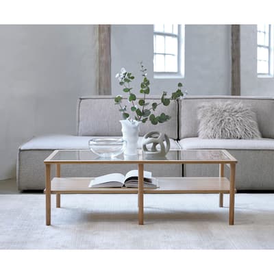 Rye Studio Modern Glass Top Coffee Table with Shelf, Natural Oak - 23.625"W x 47.25"L x 16.125"H