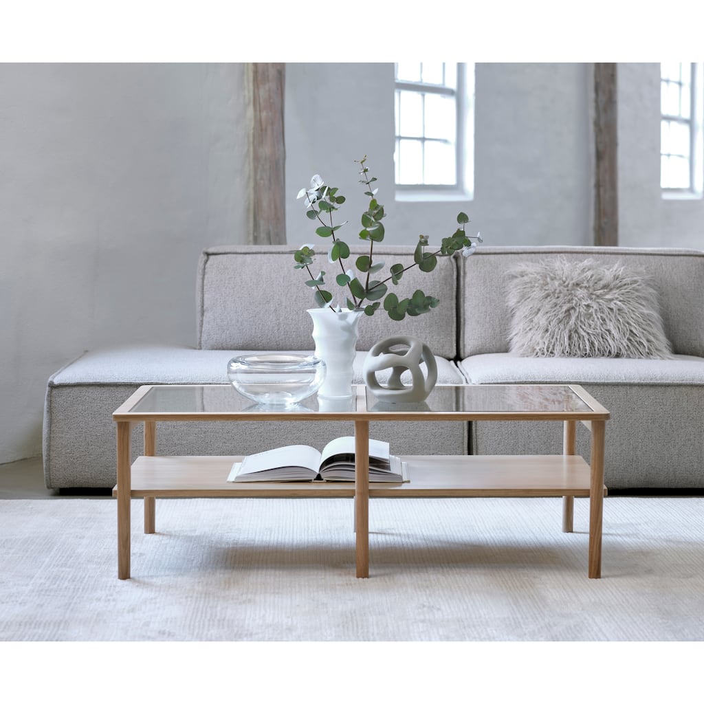 Rye Studio Modern Glass Top Coffee Table with Shelf, Natural Oak - 23.625"W x 47.25"L x 16.125"H