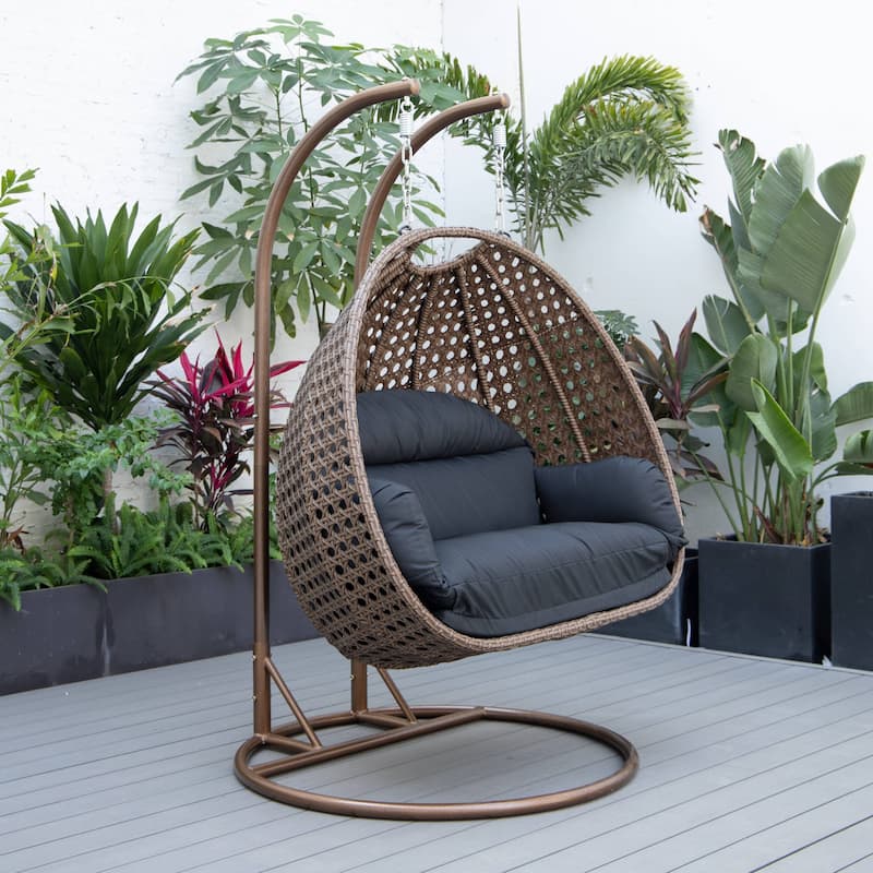 LeisureMod Mendoza Dark Brown 2 Seater Wicker Patio Hanging Double Swing Chair for Patio Porch Backyard Garden - 53"