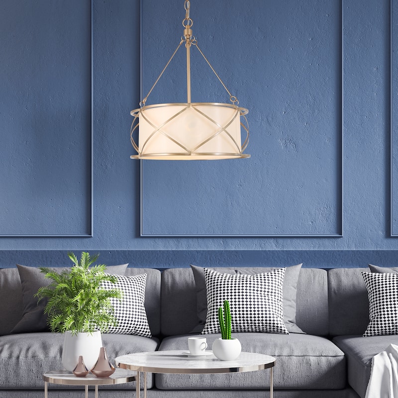Modern Farmhouse 3-light Gold Chandelier Classic Drum Lantern Metal Ceiling Light with Fabric Shade - D15.5"x H 80"