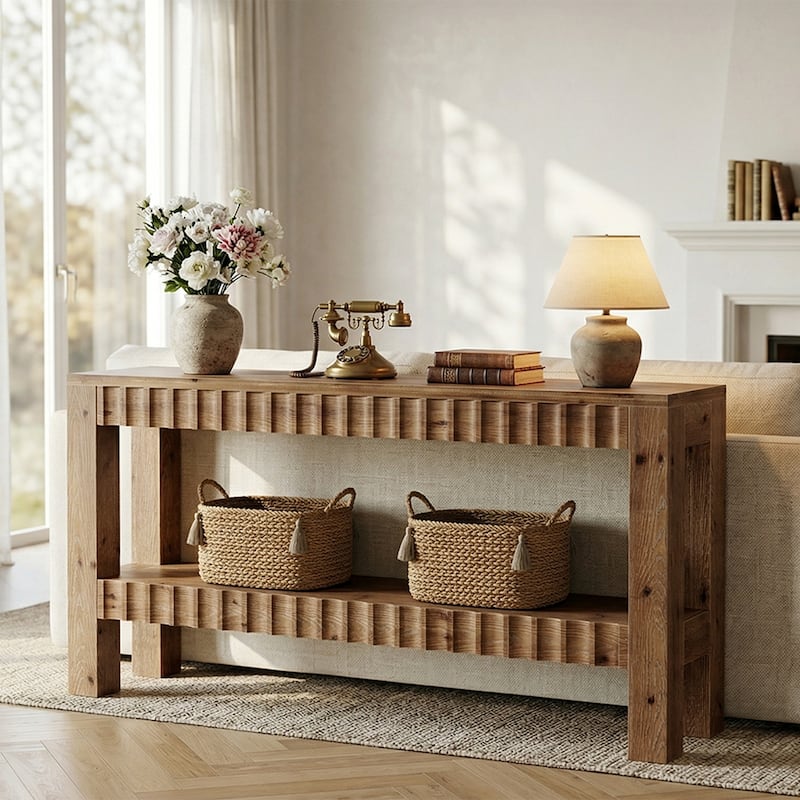 63 Inch Solid Wood Console Table for Entryway, Narrow Long Sofa Table with Storage Shelf, Farmhouse Style