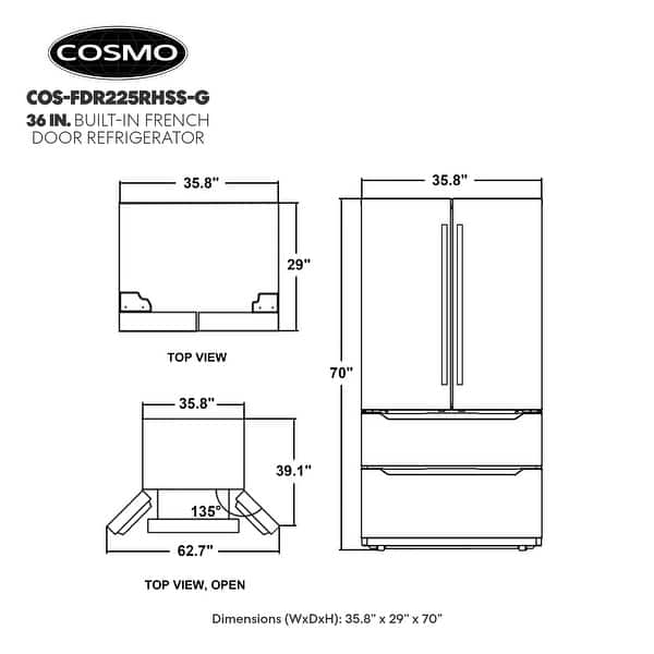 dimension image slide 1 of 2, Cosmo 22.5 cu. ft. 4-Door French Door Refrigerator with Pull Handles in Stainless Steel, Counter Depth