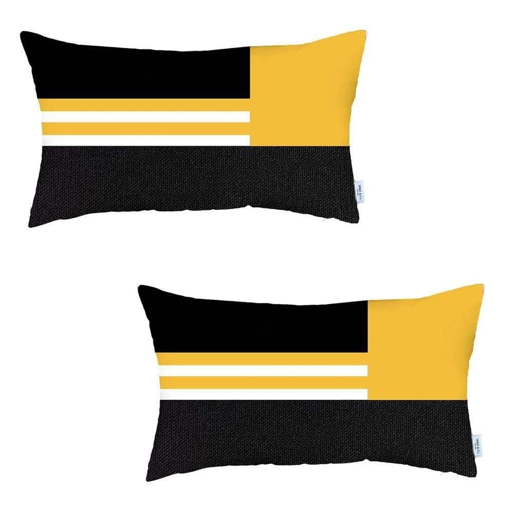 HomeRoots Set Of Two 20" X 12" Yellow Striped Zippered Handmade Polyester Lumbar Pillow