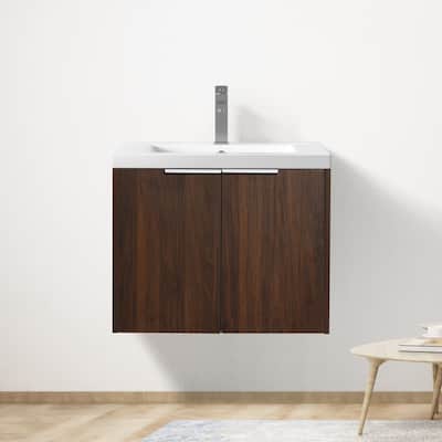 Plywood Wall-Mounted Bathroom Vanity Set in California Walnut with Integrated Resin Sink