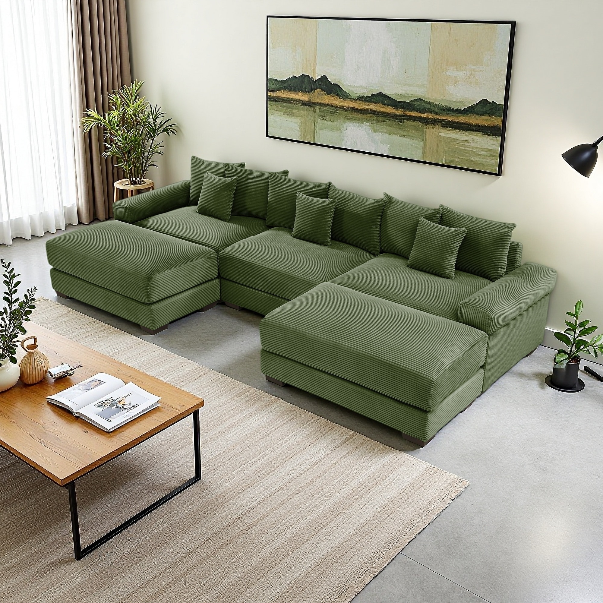 129.9" Corduroy Modular Cloud 3-Seater Sectional Sofa with Ottoman & Wide Armrests