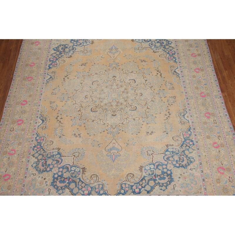 Hand Knotted Oriental 100% Wool Carpet Traditional Floral Peach Tabriz Area Rug - 12' 6'' X 9' 6''