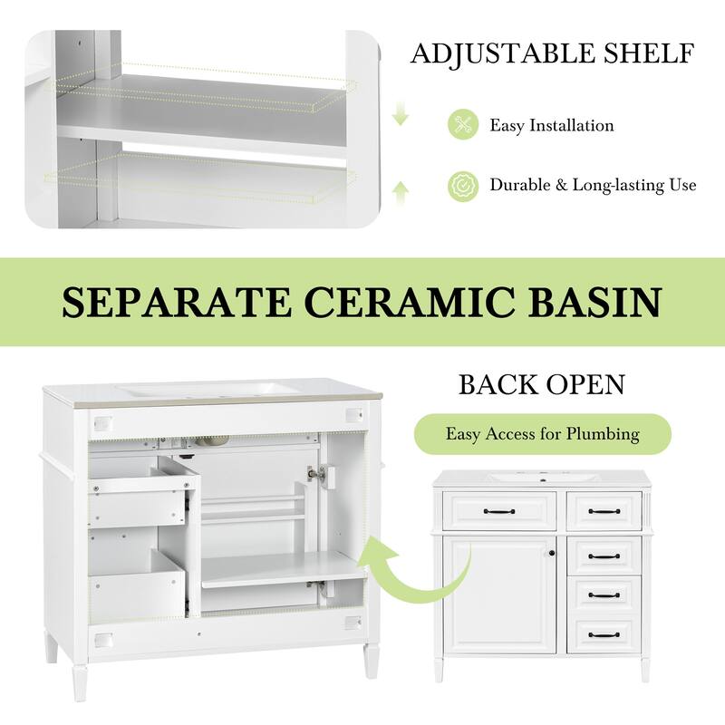 GDFStudio - Alexander Whitmore Modern Freestanding Bathroom Vanity with Flip Drawer Storage