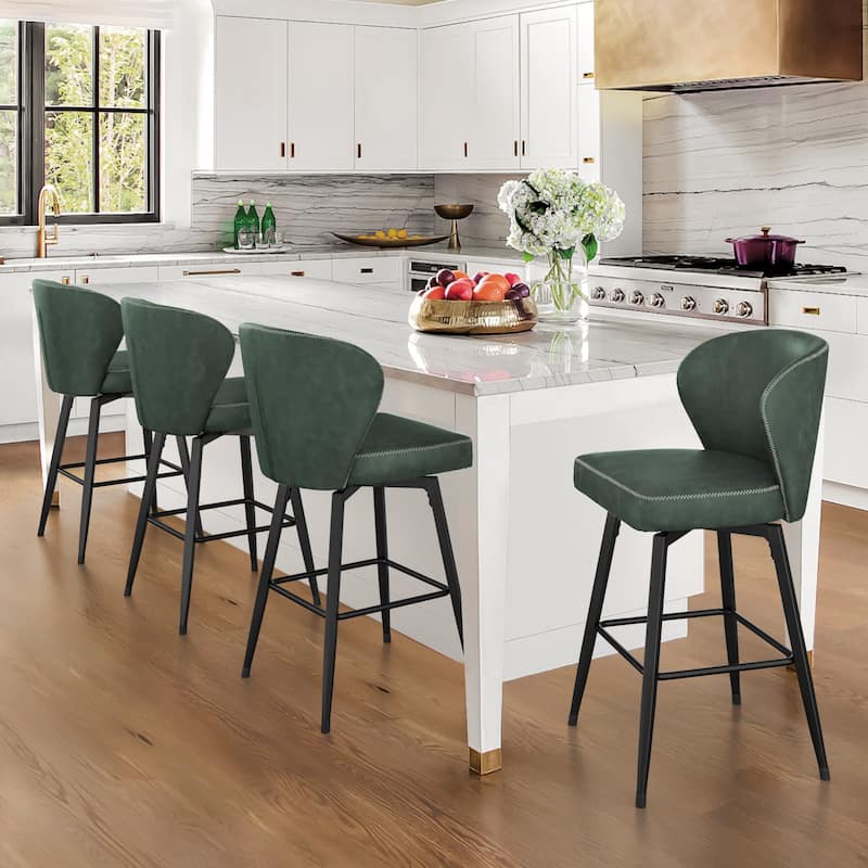 Modern Shell Back Swivel Bar Stool with Faux Leather Upholstered Seat and Metal Legs Counter Stool - Green - Set of 4