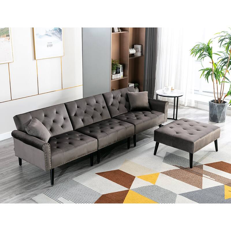 Convertible Velvet Sofa Couch, Sectional Sofa with Ottoman, Mid-Century Futon Sofa Bed - 32"D x 100.7"W x 29.9"H