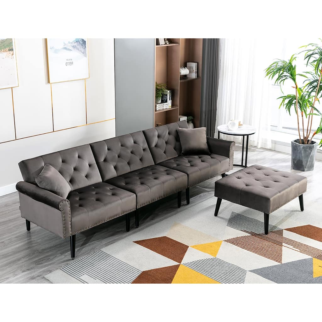 Convertible Velvet Sofa Couch, Sectional Sofa with Ottoman, Mid-Century Futon Sofa Bed - 32"D x 100.7"W x 29.9"H
