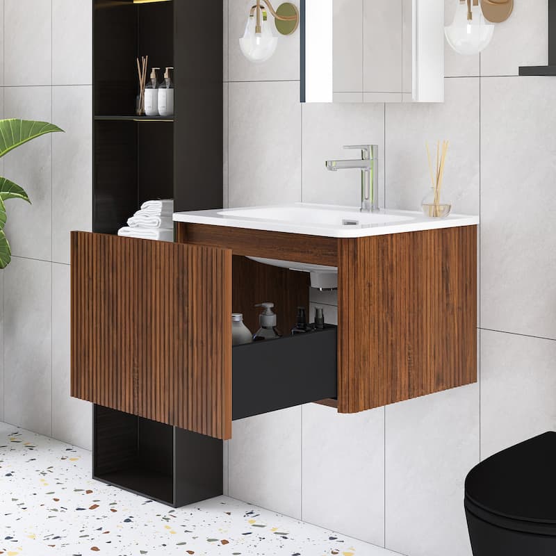 Floating Bathroom Vanity with Glossy White Integrated Ceramic Sink