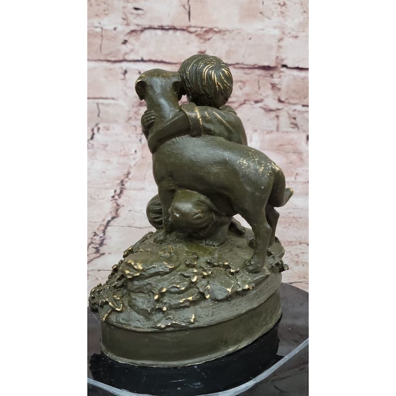 Boy Hugging Imitative Dog Bronze Sculpture On Marble Base
