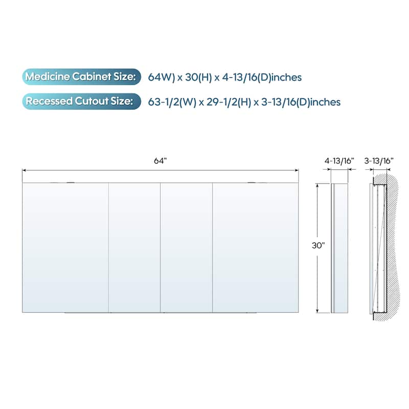 30'H Bathroom Recessed or Surface Wall Mount Medicine Cabinet With Adjustable Glass Shelves