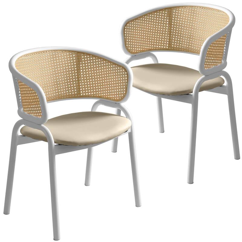 LeisureMod Set of 2 Minimalist Leather Dining Chairs with Wicker Back in Steel Frame - Side Chair for Home Office & Kitchen - Taupe
