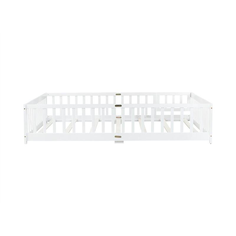 Twin/Full/Queen Size Floor Bed with Fence Guardrails and Door, Rubber Wood Toddler Bed Montessori Bed with Slats Support