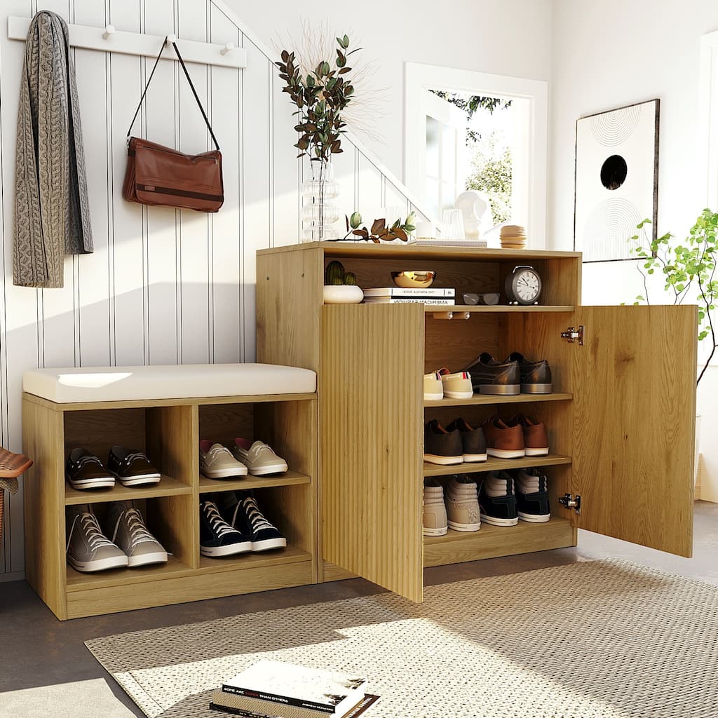 Storage Cabinet w/ Shoe Bench, 3-Tier Adjustable Shelves, 4 Open Shoe Racks & Removeble Cushion