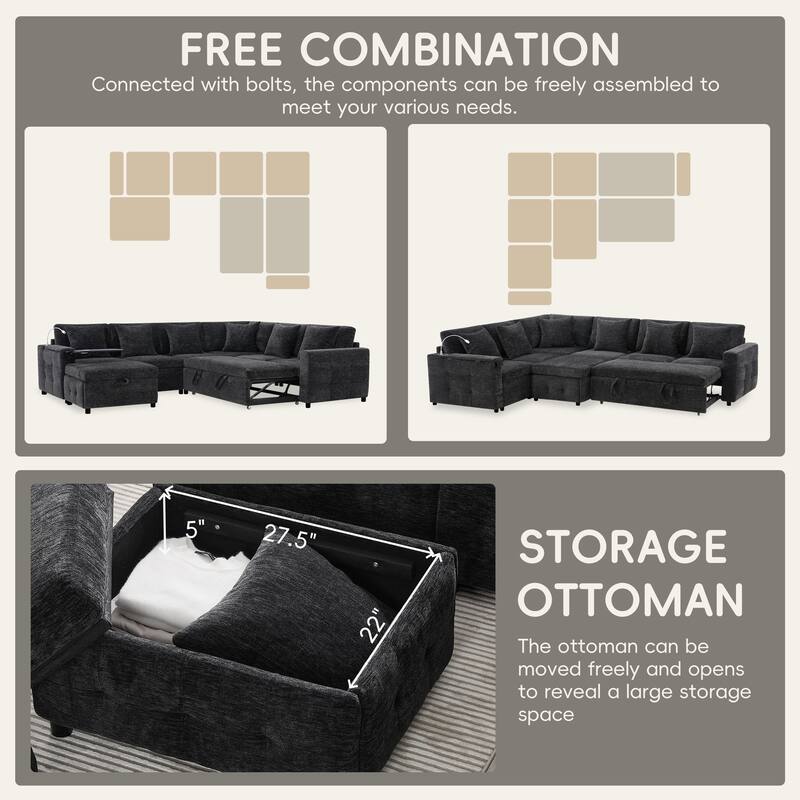Tufted Chenille Sectional Sofa with Pull-out Bed, Flip-up Table Panel, Reading Lamp, Charging Ports, Storage Ottoman, 6 Pillows