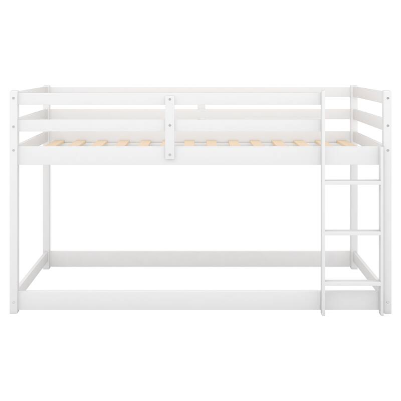 Low Profile Twin Over Twin Bunk Bed with Ladder, White, Solid Wood, Space-Saving Design