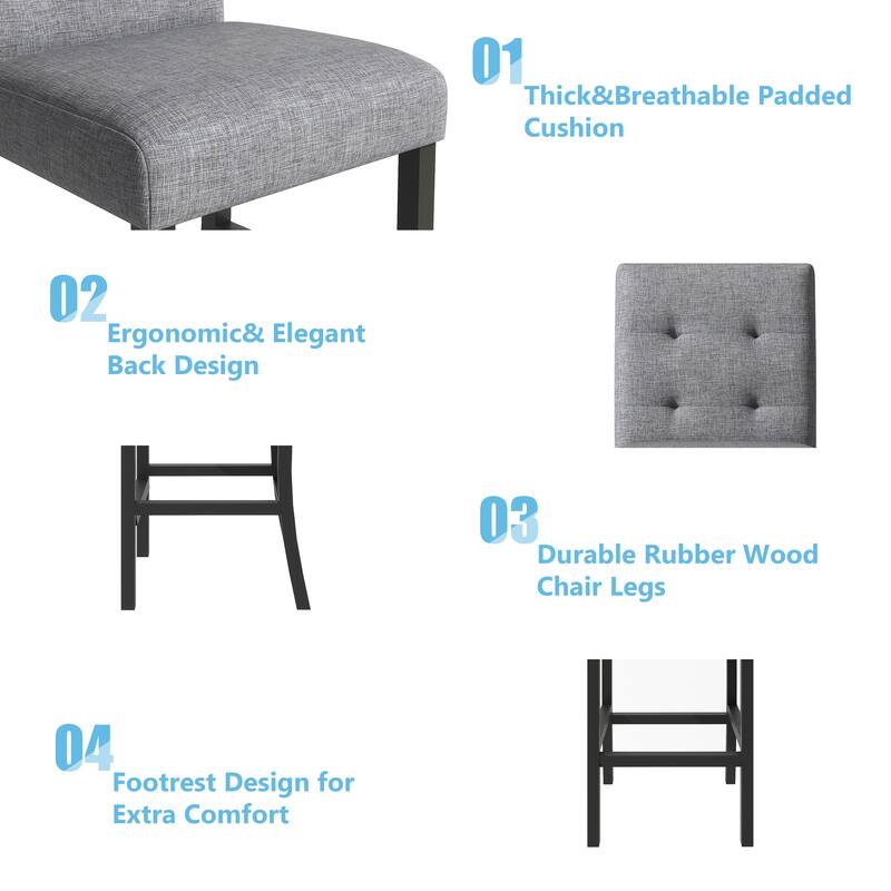 5-Piece Counter Height Dining Set, Square Rubberwood Table and 4 Upholstered High-Back Chairs for Kitchen or Dining Room