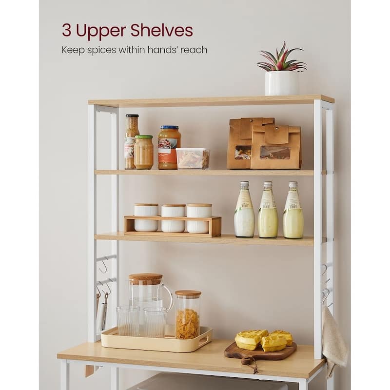 Kitchen Tall Utility Microwave Oven Storage Shelf Stand with 6 Hooks and Metal Frame - 23.6" x 15.7" x 65.7"