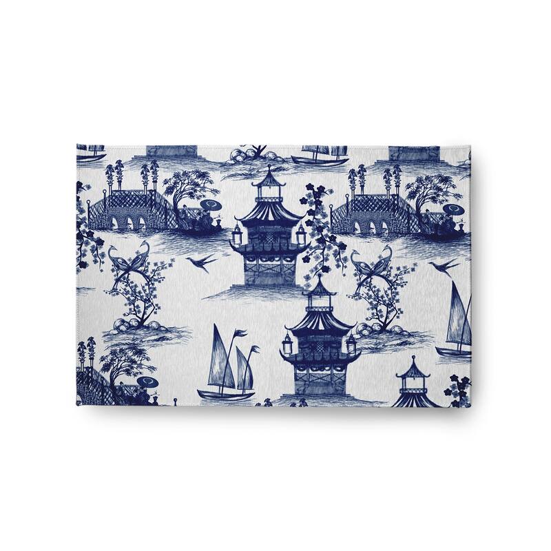 China Old Oriental Chenille Area Rug - Porcelain Blue - 24" 36"