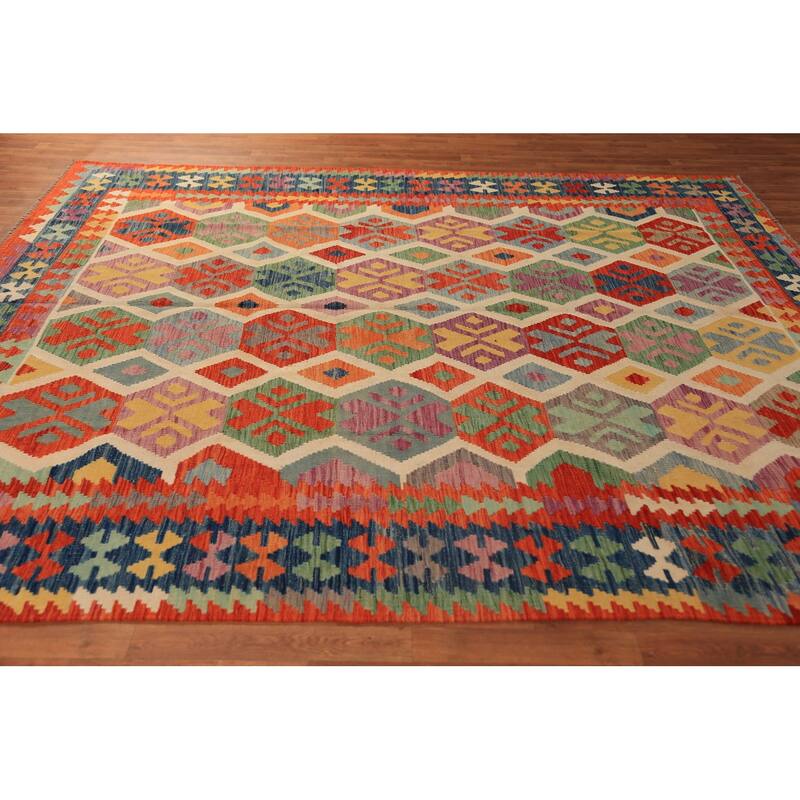 Colorful Kilim Oriental Area Rug Hand-Woven Wool Carpet - 8'5"x 9'9"