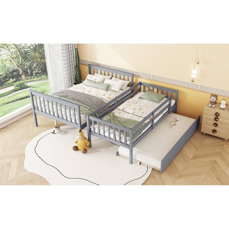 Roomfitters Twin Over Full Rubber Wood Bunk Bed with Trundle, Detachable Convertible Bunk Bed with Ladder and Guardrails