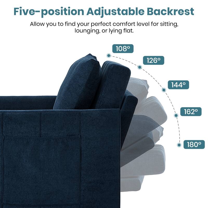 Upholstered Convertible Sleeper Sofa with 5-Position Adjustable Backrest, Side Pockets and Storage Basket, Blue