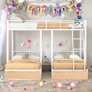 Multi-functional Design Metal Triple Bunk Bed with Drawers and Guardrails/Full Over Twin & Twin Bunk Bed