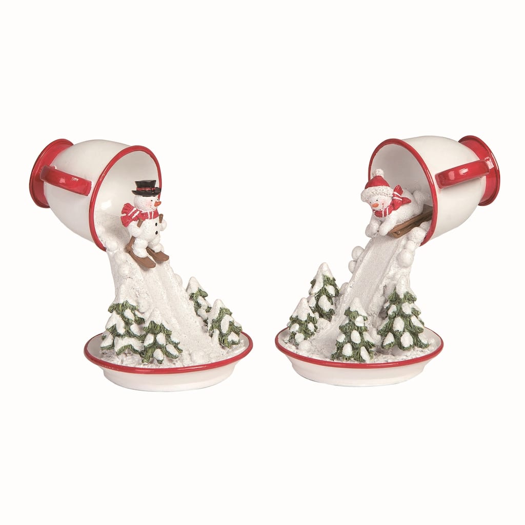 Transpac Resin Skiing Teacup Snowman Set of 2 Christmas Home Decorations