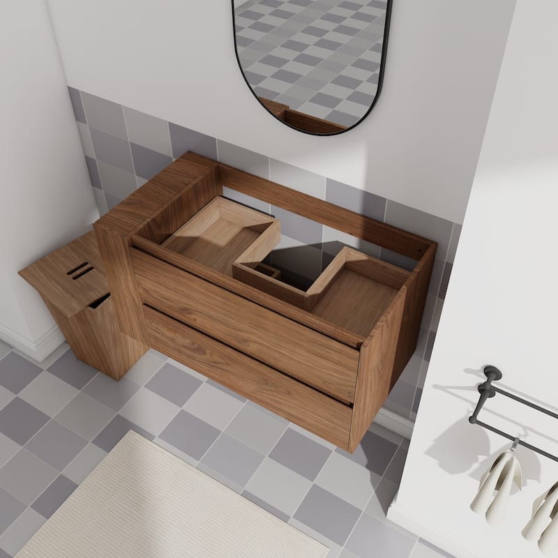 36 Inch Wall-Mounted Bathroom Vanity Base with Soft-Close Drawers, Adjustable Side Shelf and Angled Edge Handles