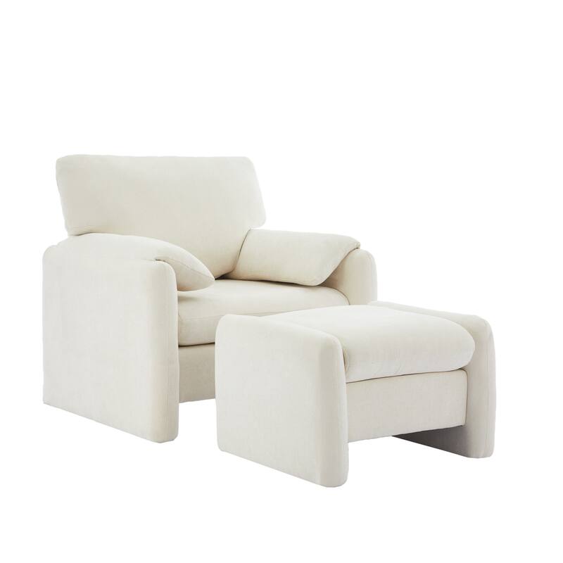 Chenille Single Sofa Chair & Ottoman Set - Off White