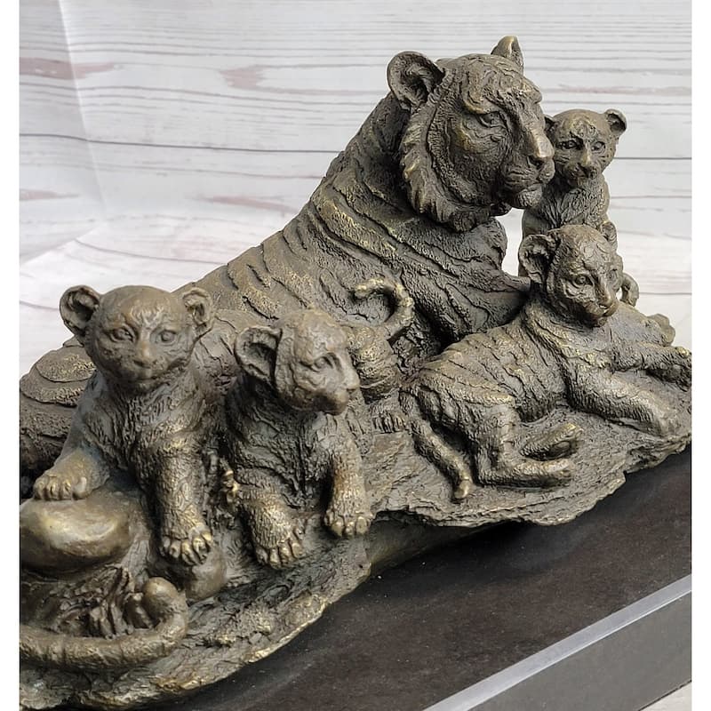 Tiger Family Cubs Asian Wildlife Bronze Sculpture Statue Figure Signed Art Marble Base