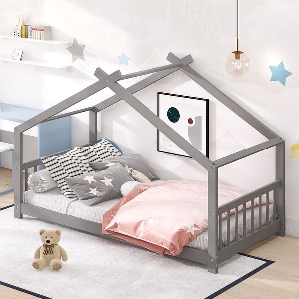 slide 2 of 45, Modern Style House Bed Wood Bed, Fun and Adorable Space, Suitable for Kids Twin Grey