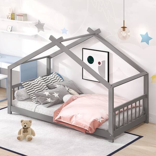 slide 2 of 9, Twin Size Wood House Bed with Roof , Playful Design for Kids Comfort and Imagination