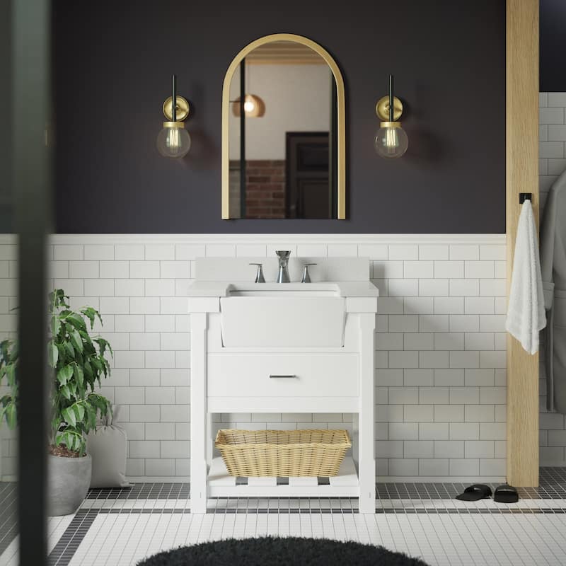 KitchenBathCollection Charlotte 30" Farmhouse Bathroom Vanity with Quartz Top - White
