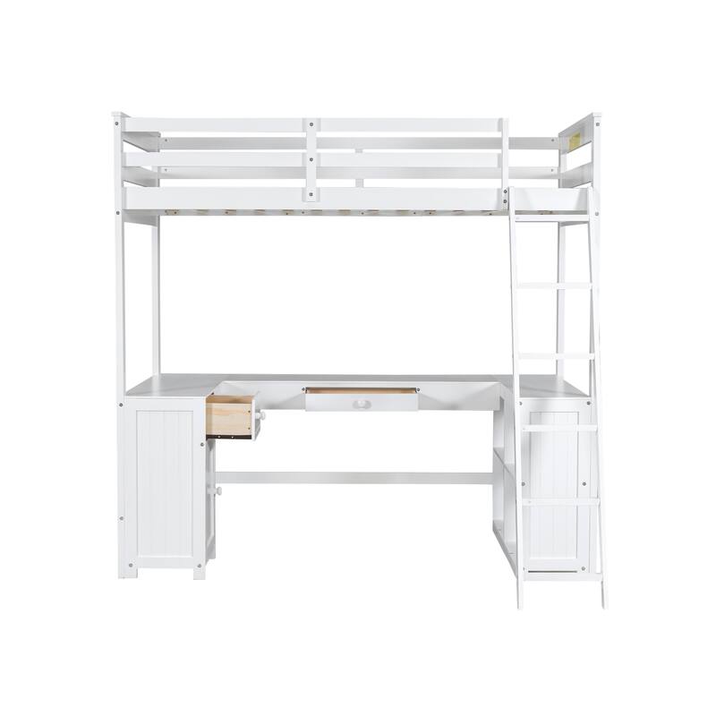 Loft Bed with U-shaped Desk, Drawers and Storage Shelves,Full/Twin Size